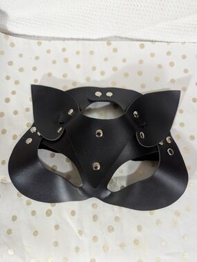 Black Faux Leather Cat-Ear Face Mask with Silver Studs